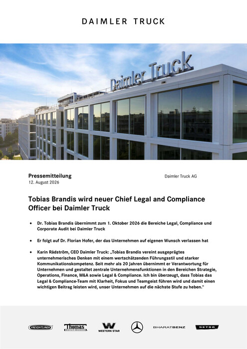 Tobias Brandis wird neuer Chief Legal and Compliance Officer bei Daimler Truck