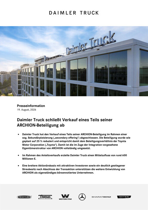 Daimler Truck schließt Verkauf eines Teils seiner ARCHION-Beteiligung ab