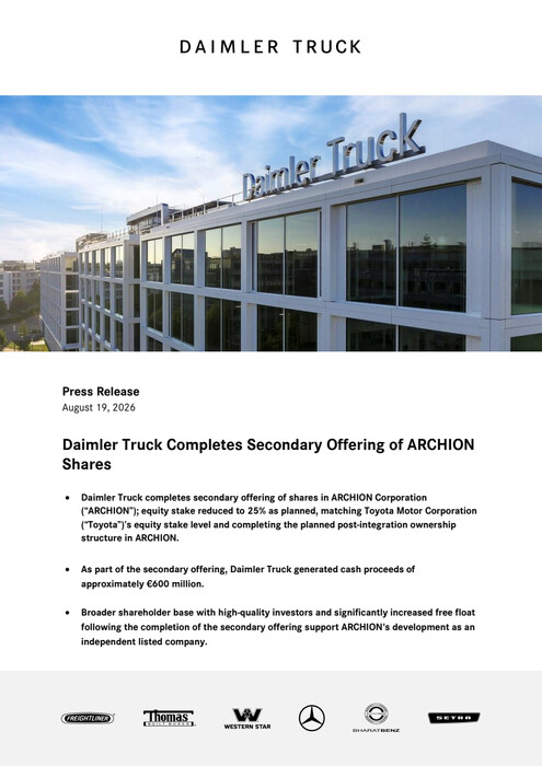 Daimler Truck Completes Secondary Offering of ARCHION Shares