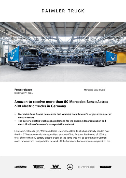 Amazon to receive more than 50 Mercedes-Benz eActros 600 electric trucks in Germany