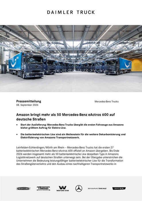 Amazon bringt mehr als 50 Mercedes-Benz eActros 600 auf deutsche Straßen