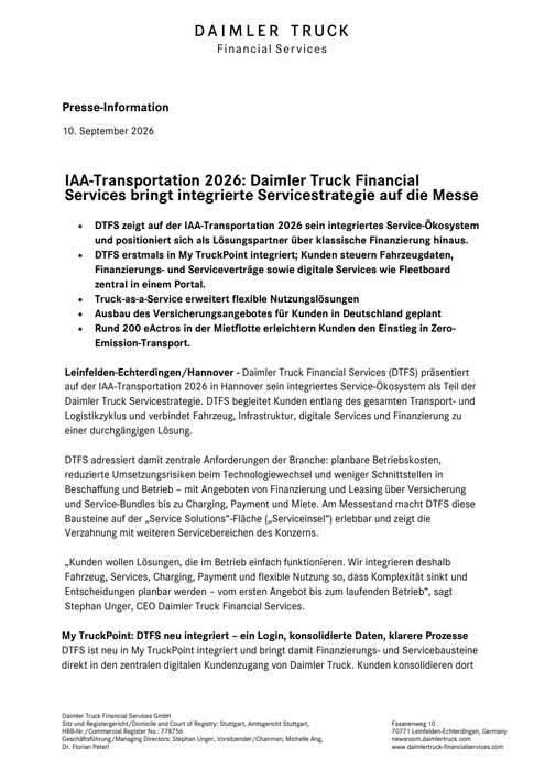 IAA-Transportation 2026: Daimler Truck Financial Services bringt integrierte Servicestrategie auf die Messe