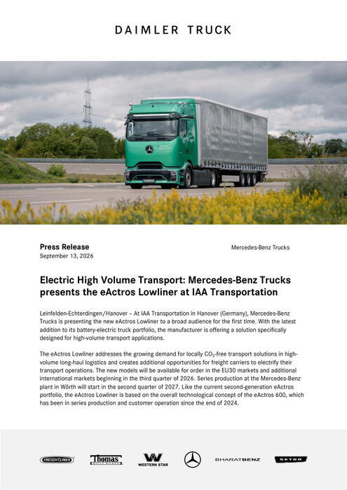 Electric High Volume Transport: Mercedes-Benz Trucks presents the eActros Lowliner at IAA Transportation