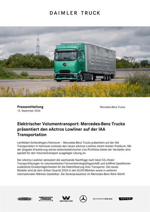 Elektrischer Volumentransport: Mercedes-Benz Trucks präsentiert den eActros Lowliner auf der IAA Transportation