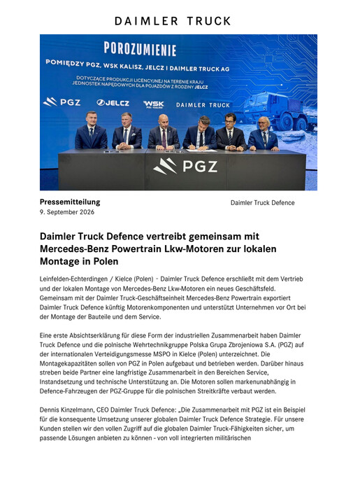 Daimler Truck Defence vertreibt gemeinsam mit Mercedes-Benz Powertrain Lkw-Motoren zur lokalen Montage in Polen