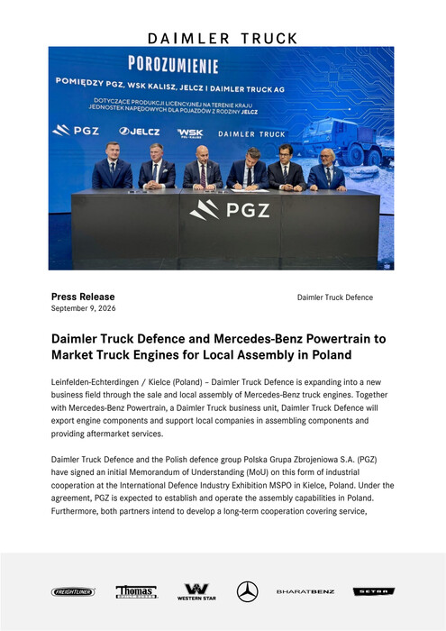 Daimler Truck Defence and Mercedes-Benz Powertrain to Market Truck Engines for Local Assembly in Poland