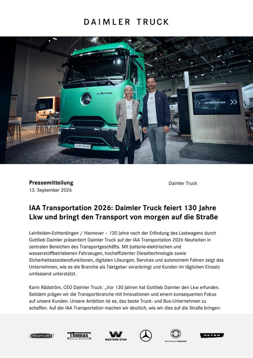 IAA Transportation 2026: Daimler Truck feiert 130 Jahre Lkw und bringt den Transport von morgen auf die Straße
