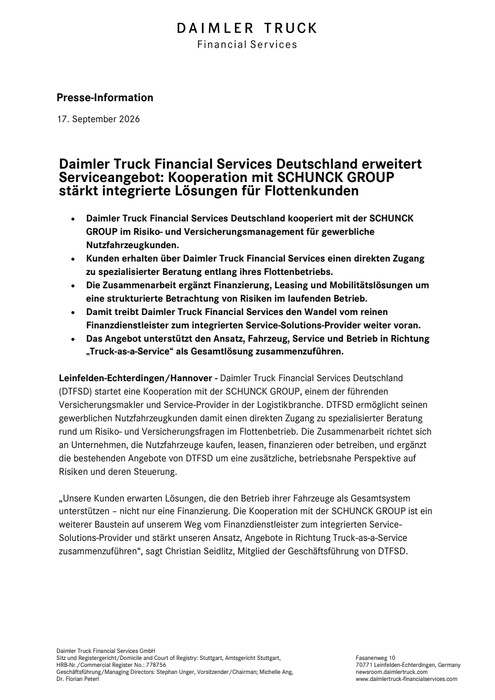 Daimler Truck Financial Services Deutschland erweitert Serviceangebot: Kooperation mit SCHUNCK GROUP stärkt integrierte Lösungen für Flottenkunden