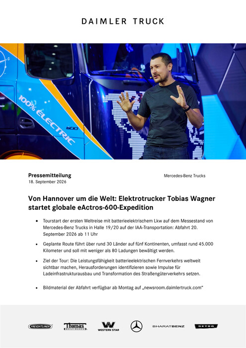 Von Hannover um die Welt: Elektrotrucker Tobias Wagner startet globale eActros-600-Expedition