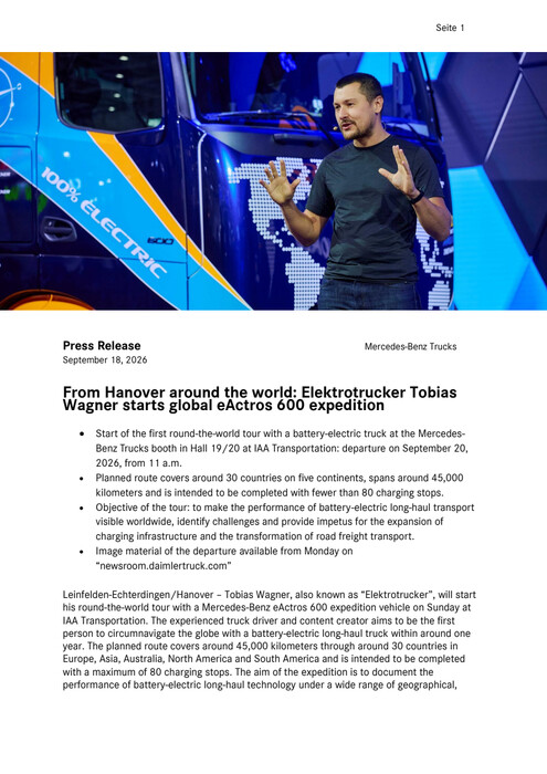 From Hanover around the world: Elektrotrucker Tobias Wagner starts global eActros 600 expedition