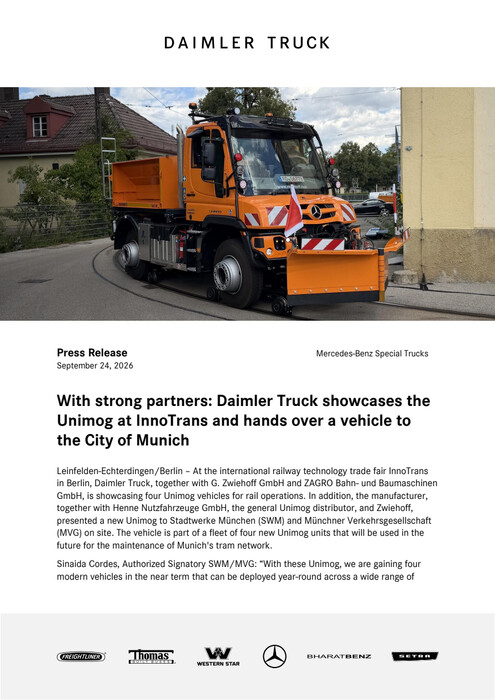 With strong partners: Daimler Truck showcases the Unimog at InnoTrans and hands over a vehicle to the City of Munich