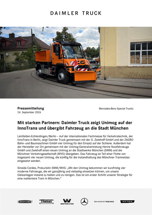 Mit starken Partnern: Daimler Truck zeigt Unimog auf der InnoTrans und übergibt Fahrzeug an die Stadt München