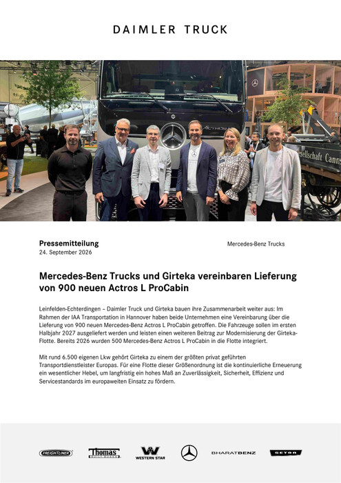 Mercedes-Benz Trucks und Girteka vereinbaren Lieferung von 900 neuen Actros L ProCabin