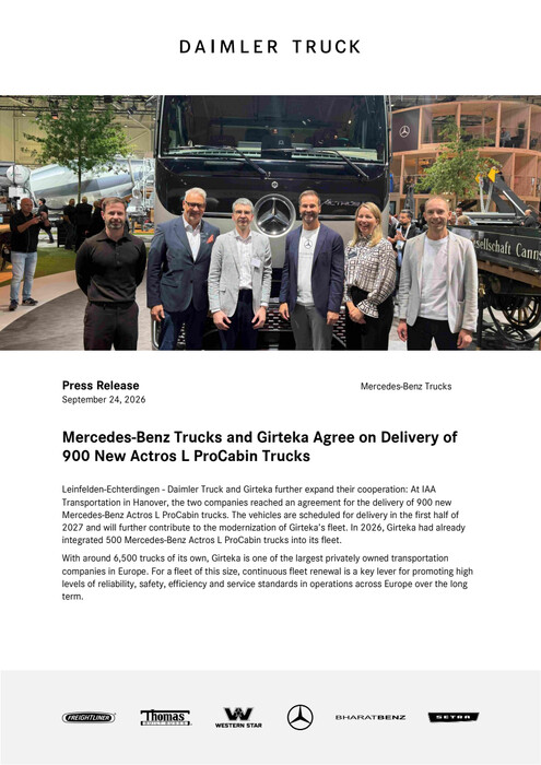 Mercedes-Benz Trucks and Girteka Agree on Delivery of 900 New Actros L ProCabin Trucks