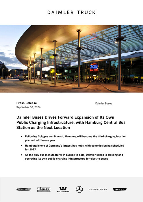 Daimler Buses Drives Forward Expansion of Its Own Public Charging Infrastructure, with Hamburg Central Bus Station as the Next Location