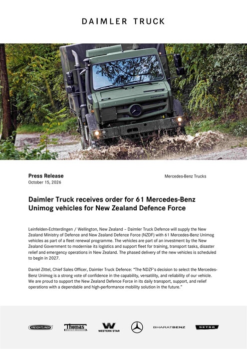 Daimler Truck receives order for 61 Mercedes-Benz Unimog vehicles for New Zeeland Defence Force
