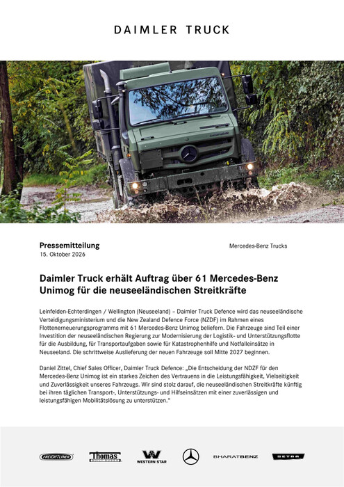 Daimler Truck erhält Auftrag über 61 Mercedes-Benz Unimog für die neuseeländischen Streitkräfte