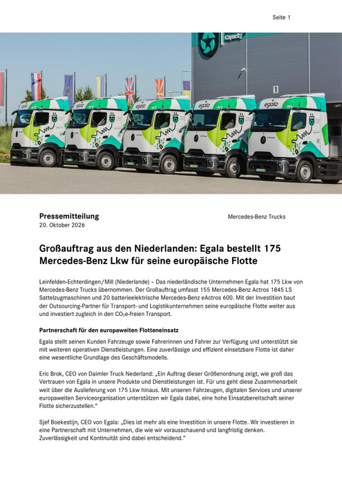 Großauftrag aus den Niederlanden: Egala bestellt 175 Mercedes-Benz Lkw für seine europäische Flotte