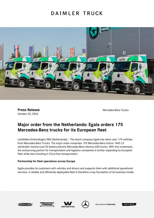 Major order from the Netherlands: Egala orders 175 Mercedes-Benz trucks for its European fleet