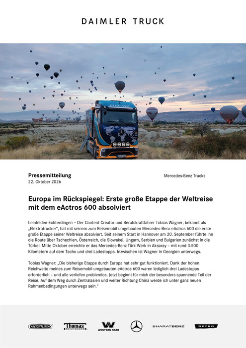 Europa im Rückspiegel: Erste große Etappe der Weltreise mit dem eActros 600 absolviert