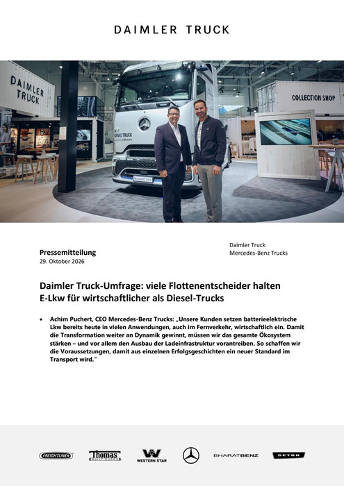 Daimler Truck-Umfrage: viele Flottenentscheider halten E-Lkw für wirtschaftlicher als Diesel-Trucks