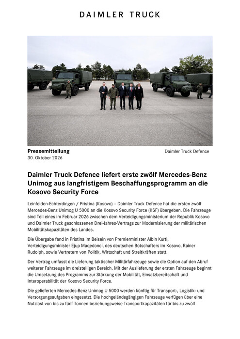 Daimler Truck Defence liefert erste zwölf Mercedes-Benz Unimog aus langfristigem Beschaffungsprogramm an die Kosovo Security Force
