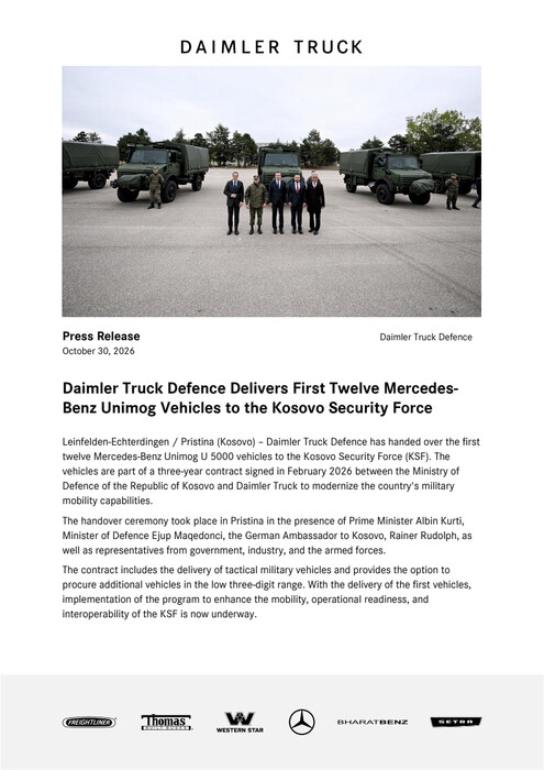 Daimler Truck Defence Delivers First Twelve Mercedes-Benz Unimog Vehicles to the Kosovo Security Force