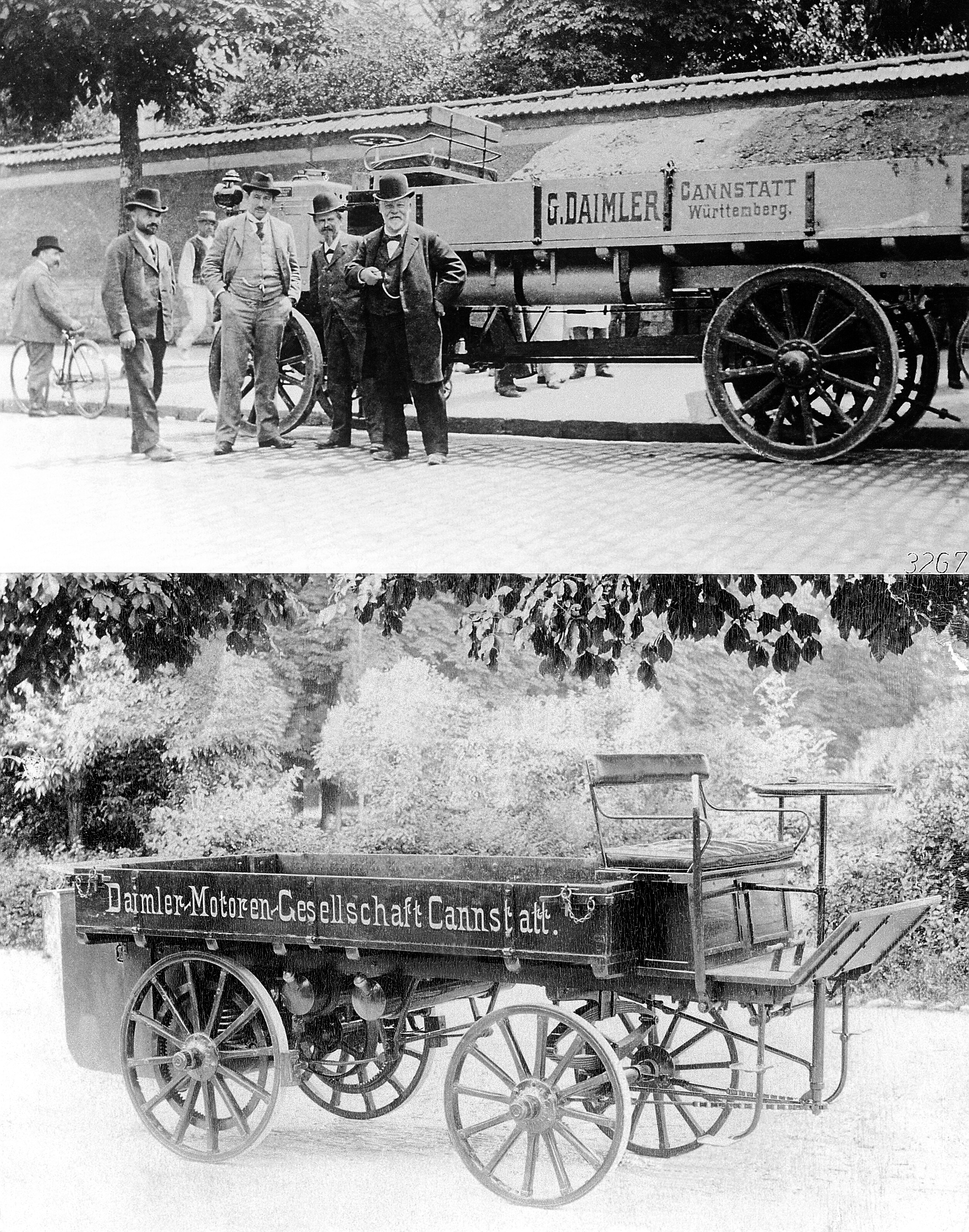 Historical picture of Gottlieb Daimler with first trucks