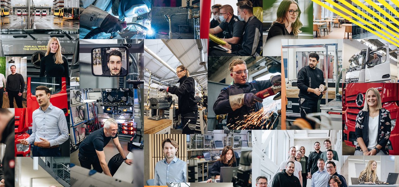 Eine Collage aus verschiedenen Bildern, die Mitarbeitende, Auszubildende und Szenen aus Arbeitsprozessen bei Daimler Truck zeigt.