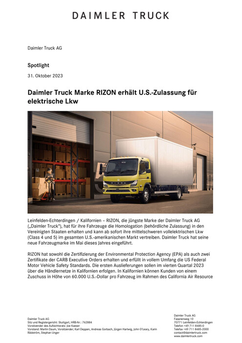 Daimler Truck Marke RIZON erhält U.S.-Zulassung für elektrische Lkw