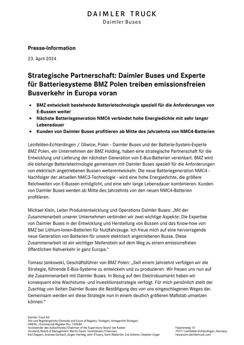 Strategische Partnerschaft: Daimler Buses und Experte für Batteriesysteme BMZ Polen treiben emissionsfreien Busverkehr in Europa voran